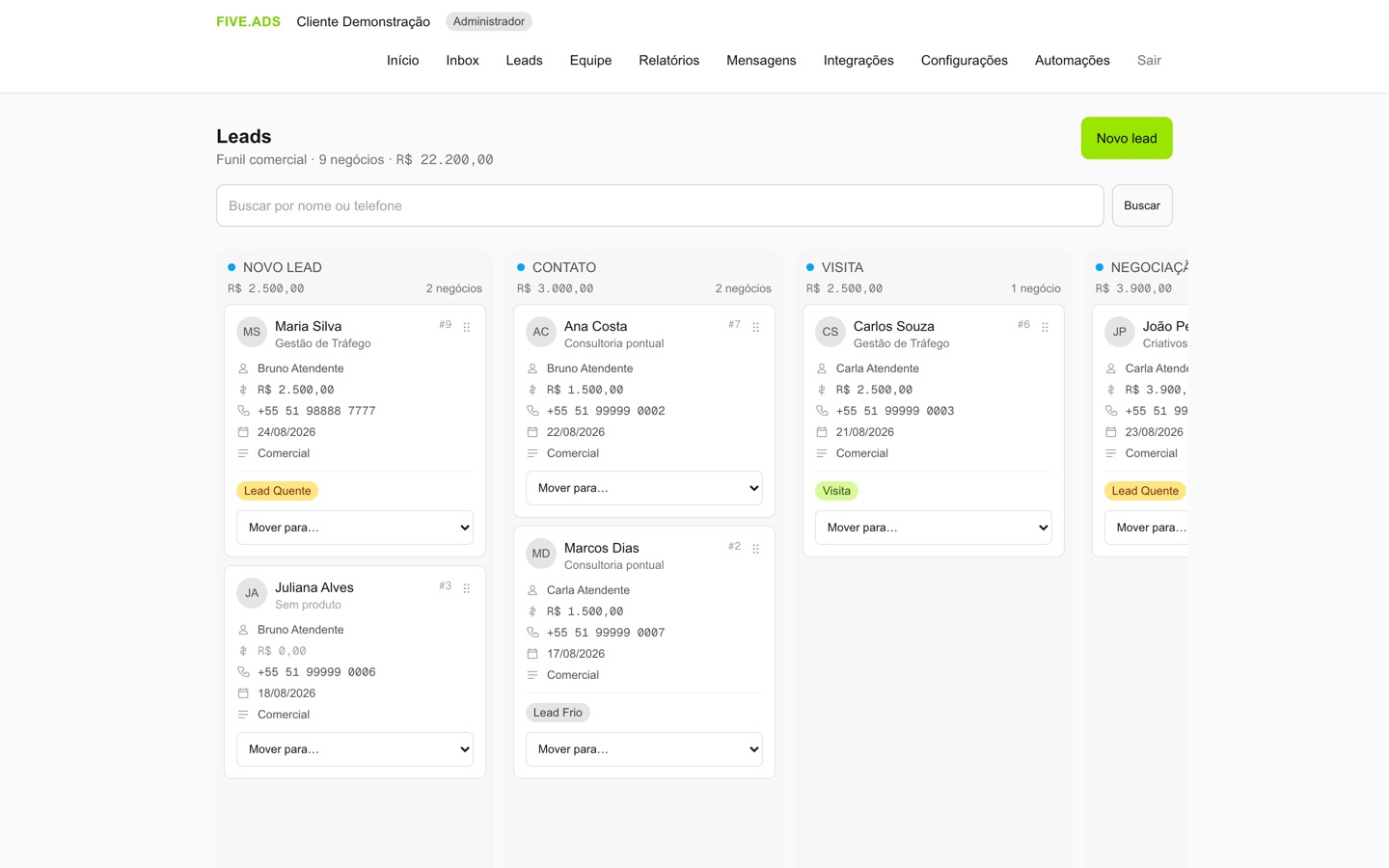 Funil de leads do CRM aberto no computador, com as etapas Novo lead, Contato, Visita e Negociação