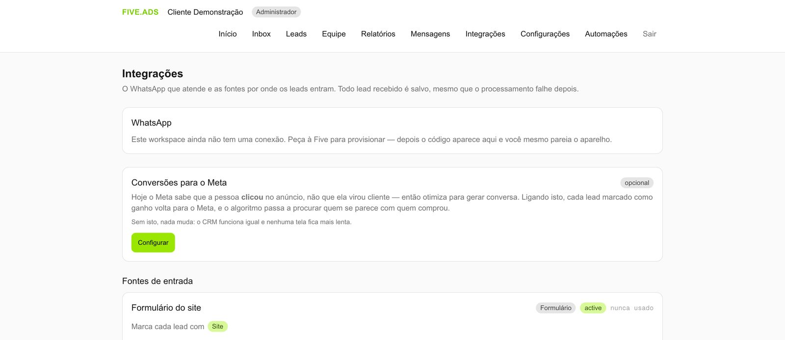 Tela de integrações com o WhatsApp conectado e o cartão de conversões para o Meta